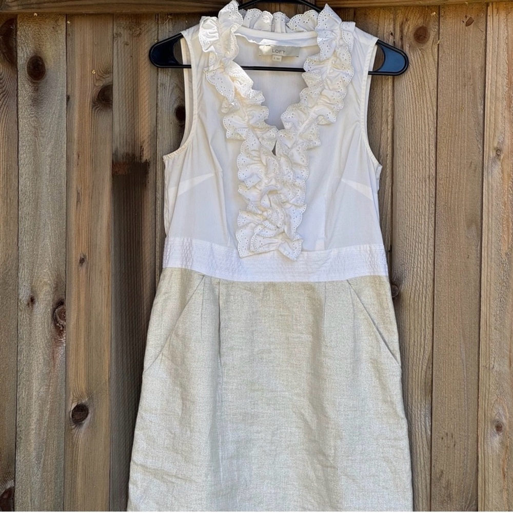 LOFT Cream & Gold Ruffled Neck Mini Dress - Picture 2 of 2